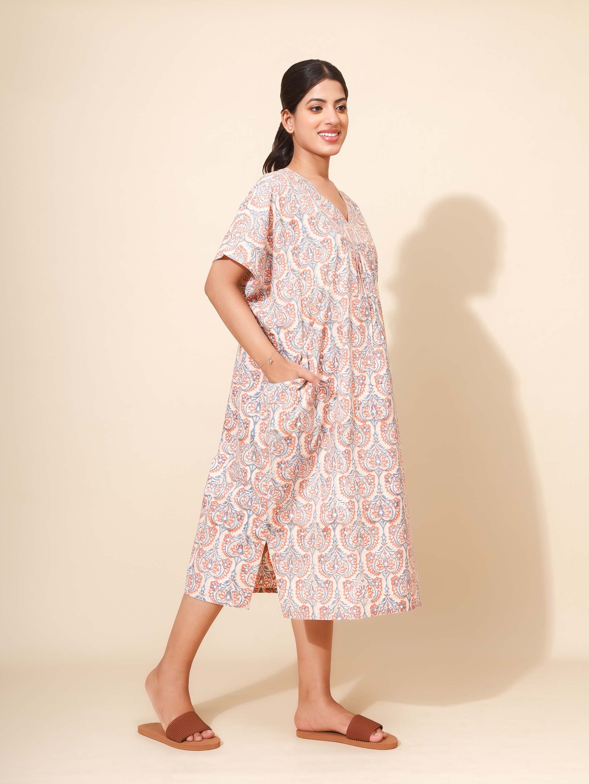 Yellow Bloom Sunset Mirage Kaftan Nighties for Women | Short Dress | Orange and Grey Floral Print | All-day Dress | Vacation Wear | Knee Length | Stylish and Versatile | Lounge Nighty | Pure Cotton