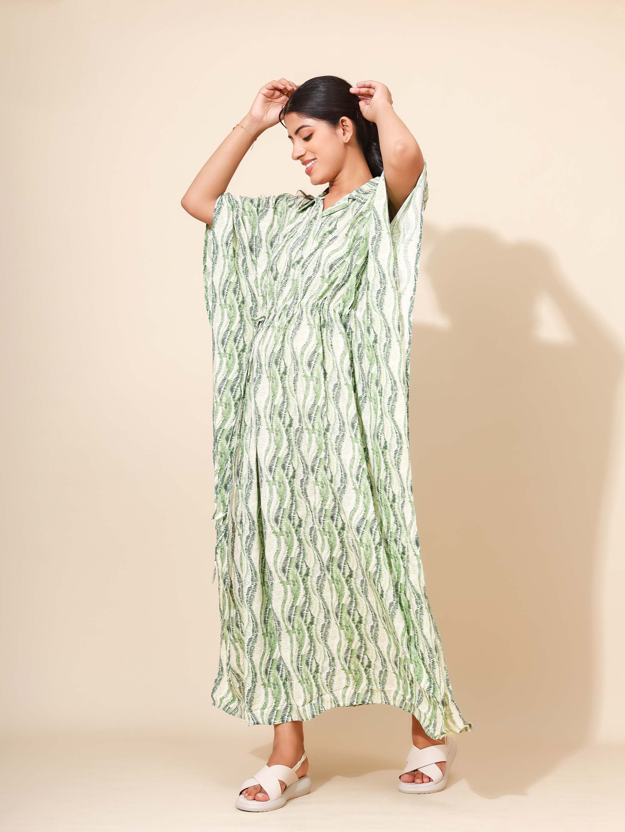 Yellow Bloom Oasis Elegance Kaftan Nighties for Women | Maxi Dress | Green Abstract Print | Collared Neck | Vacation Wear | Beach Cover-ups | Leisure Wear | Ankle length | Lounge Nighty | Viscose