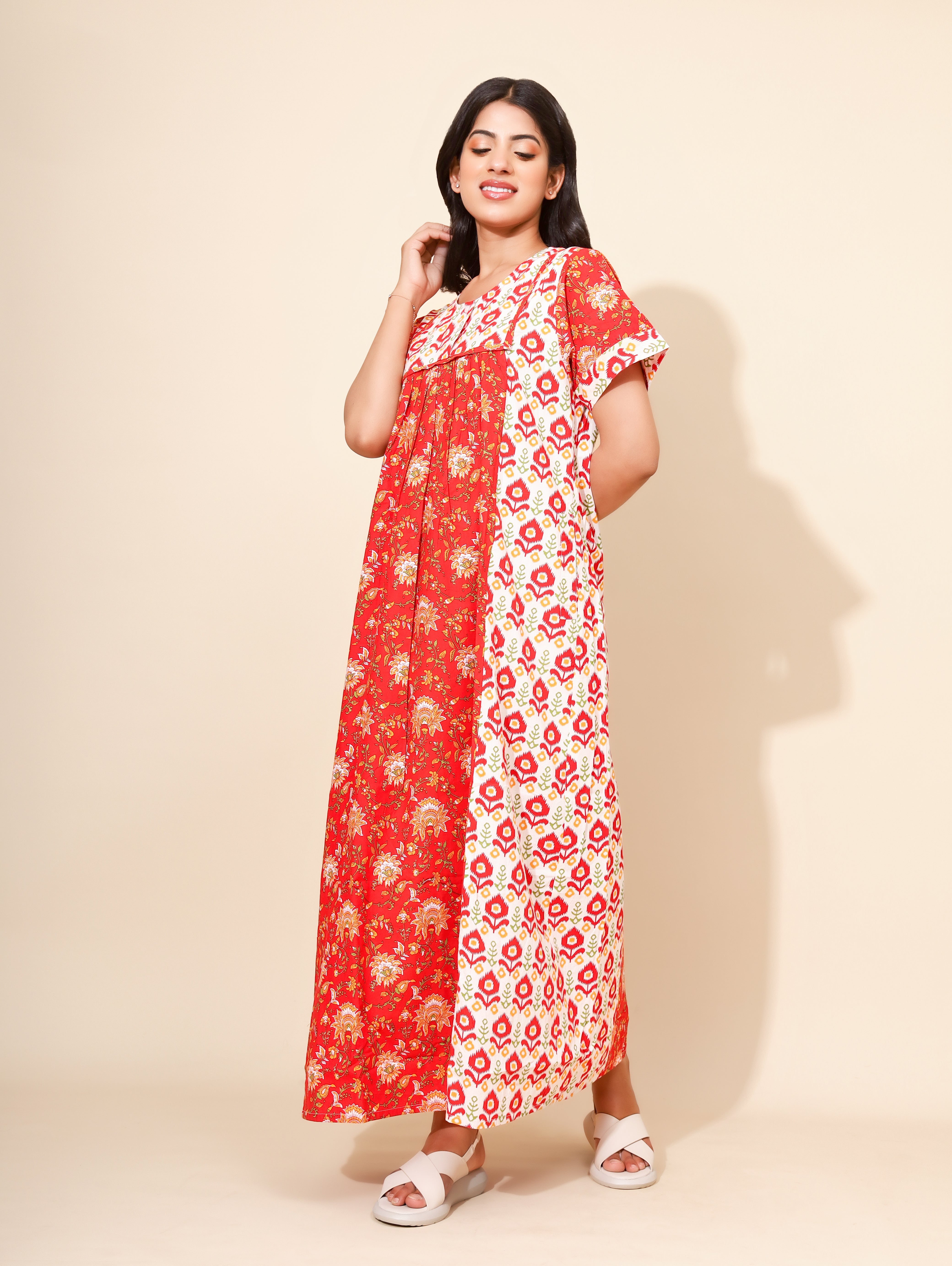 Yellow Bloom Crimson Bloom for Women | Maxi Dress | Red and White | All-day Wear | Home/Hostel/PGs Dress | Ankle Length | Elegant Design Nighty | Stylish Nightwear | Front Placket | Pure Cotton