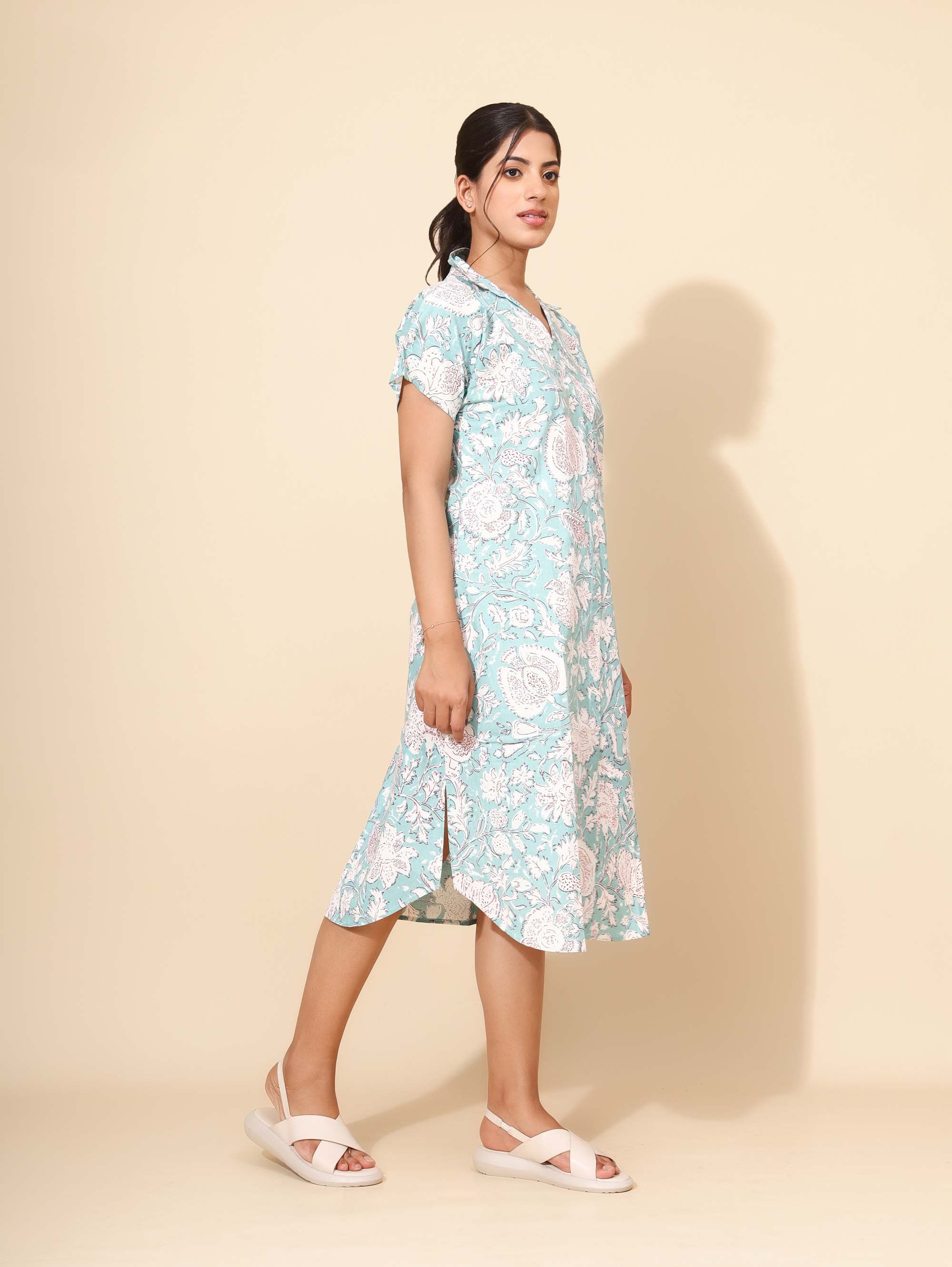 Yellow Bloom Aqua Blossom Nighty for Women | Short Dress | Light Aqua Green & White Print | Comfortable and Daily Wear | Nuclear families/Hostels/PGs | Knee Length | Stylish Dress | Pure Cotton