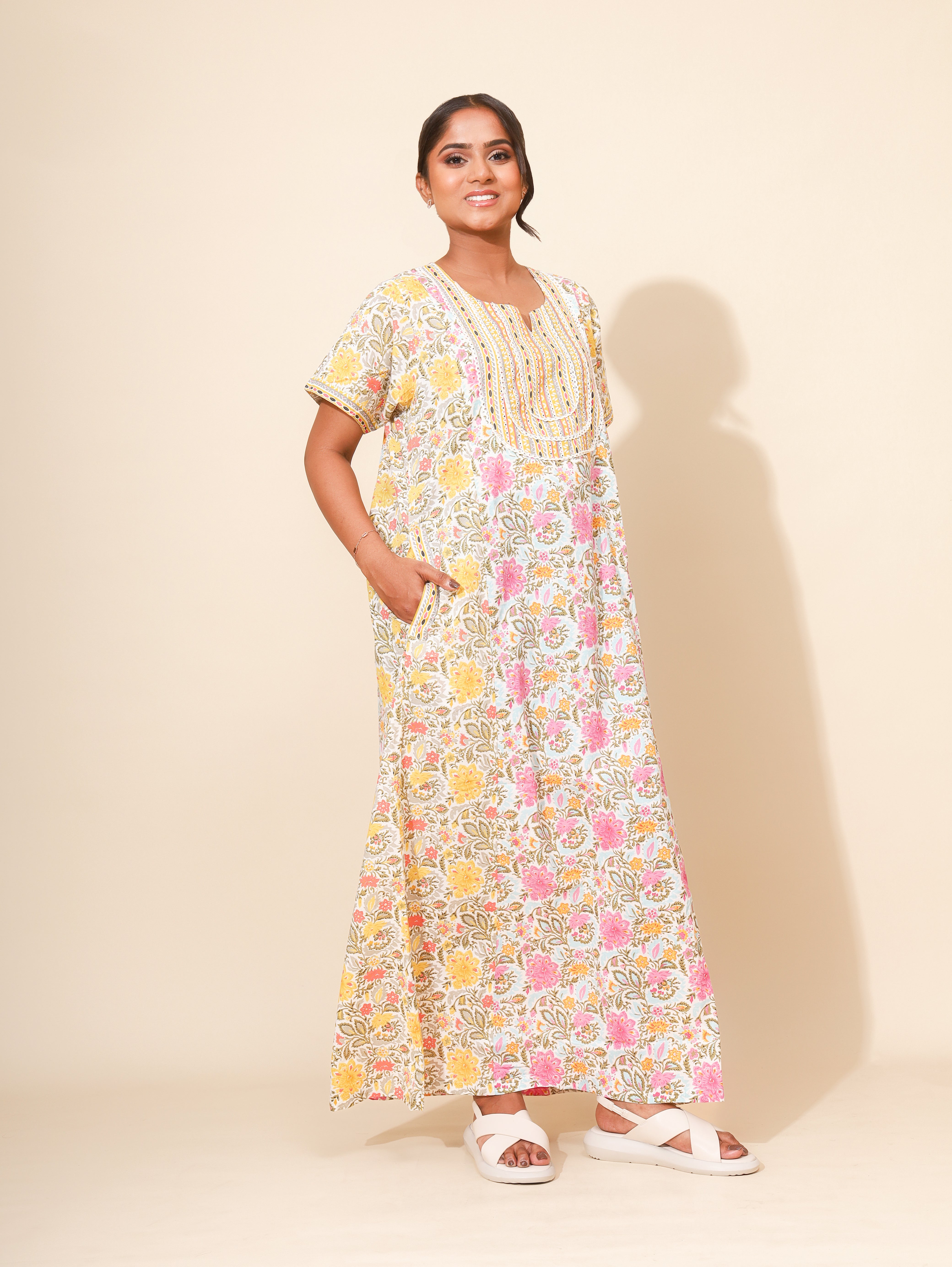 Yellow Bloom Sunny Petal Medley Nighties for Women | Yellow and Pink | Maxi dress | Patchwork and Lace | Elegant Design | All-day Wear | Ankle Length | Stylish Nightwear | Front Placket | Pure Cotton