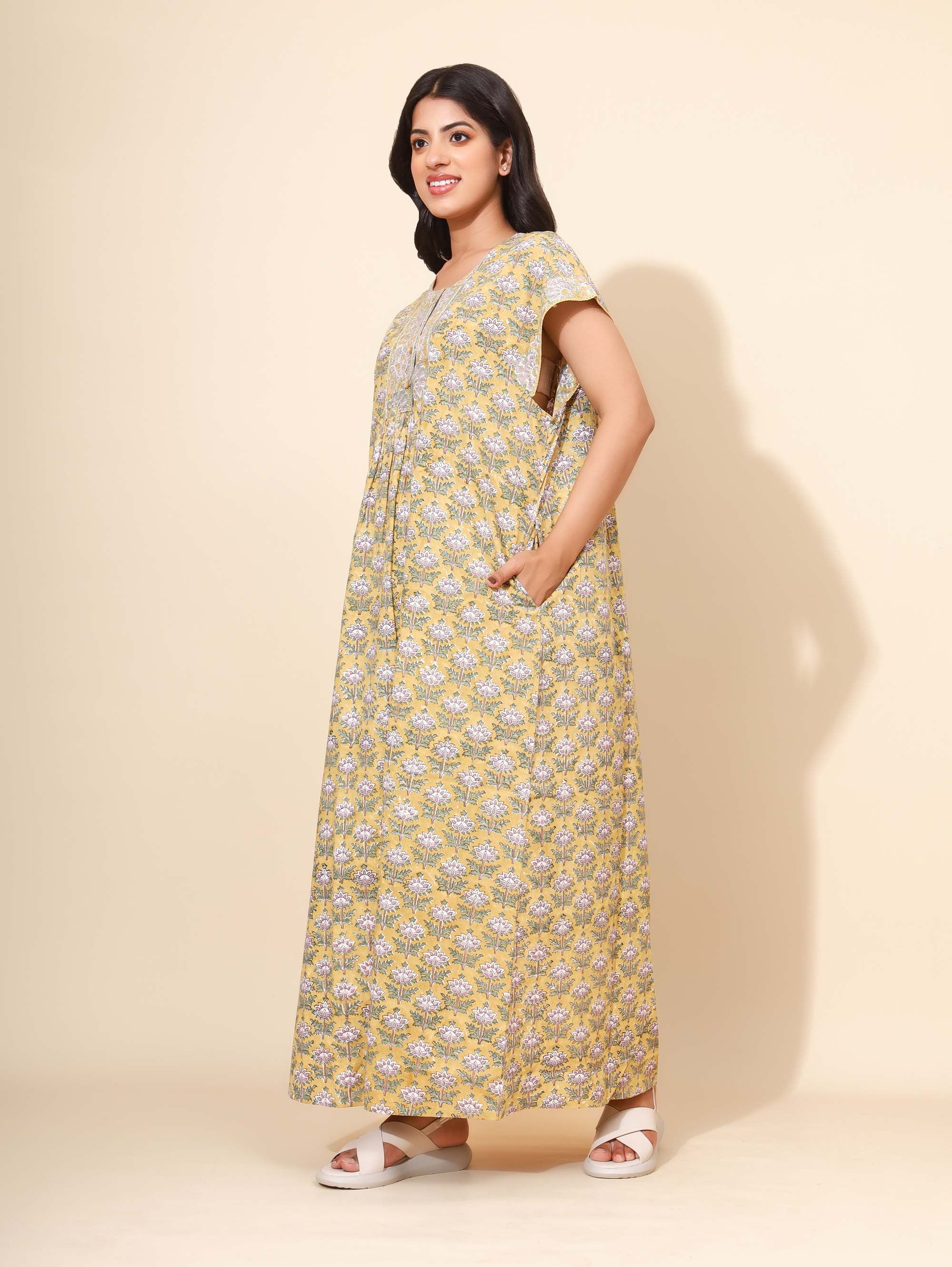 Yellow Bloom Golden Gardenia Bliss Nighties for Women | Maxi Dress | Yellow with Unique Print | Comfortable Daily Wear | Ankle Length | Stylish Versatile design | Lounge Nighty | Pure Cotton