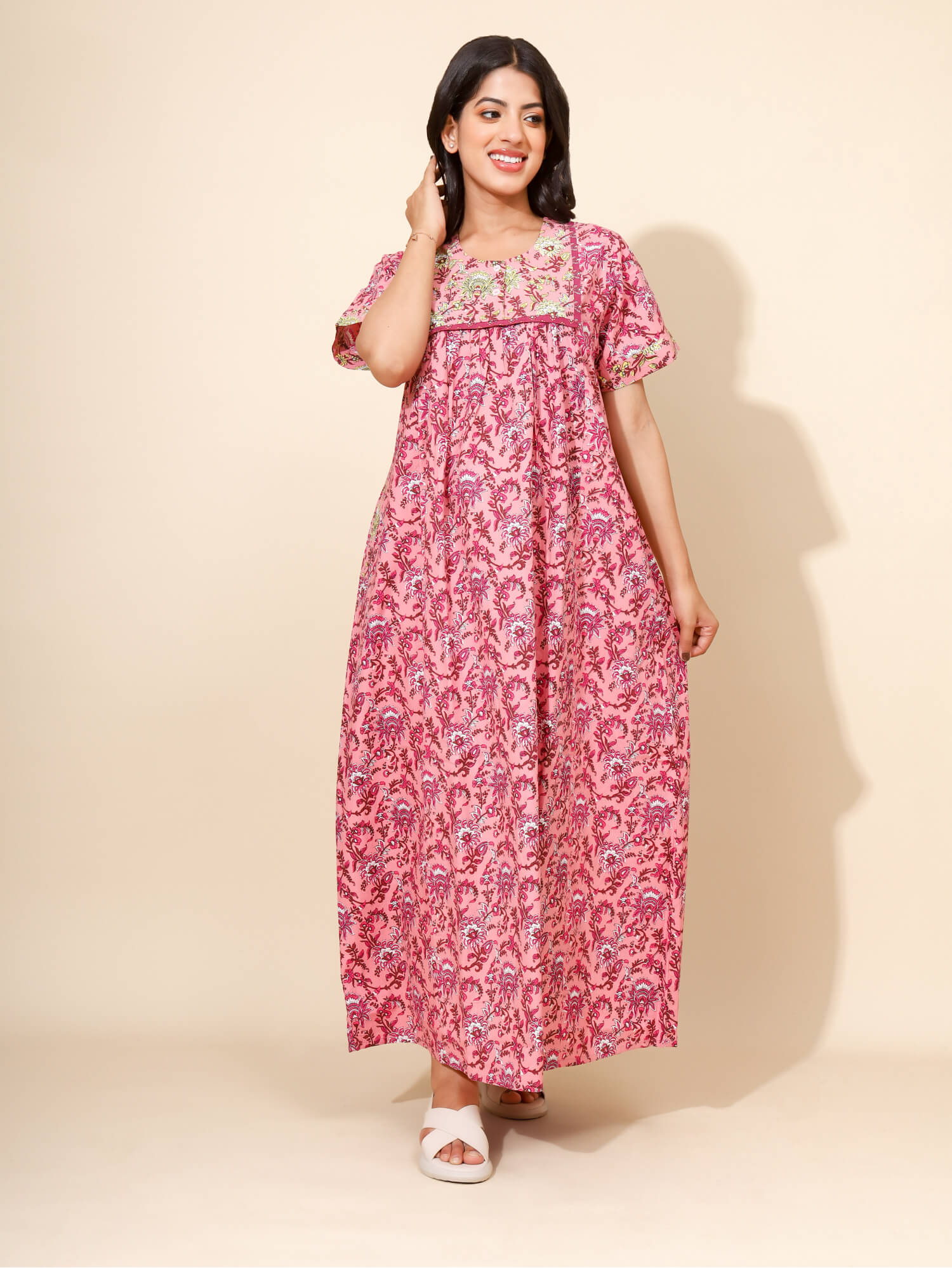 Yellow Bloom Blossom Radiance for Women | Maxi Dress | Pink and Maroon | Monotone Flower Print | Day and Night Wear | Home/Hostel/PGs Dress| Ankle Length | Stylish Nighty | Front Placket | Pure Cotton