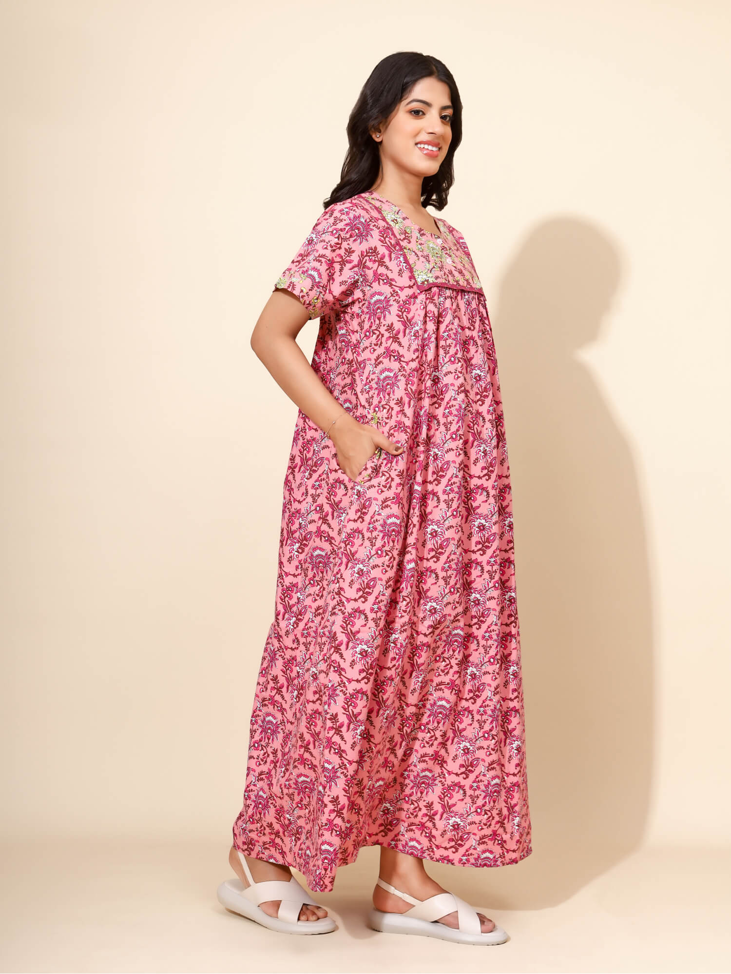 Yellow Bloom Blossom Radiance for Women | Maxi Dress | Pink and Maroon | Monotone Flower Print | Day and Night Wear | Home/Hostel/PGs Dress| Ankle Length | Stylish Nighty | Front Placket | Pure Cotton