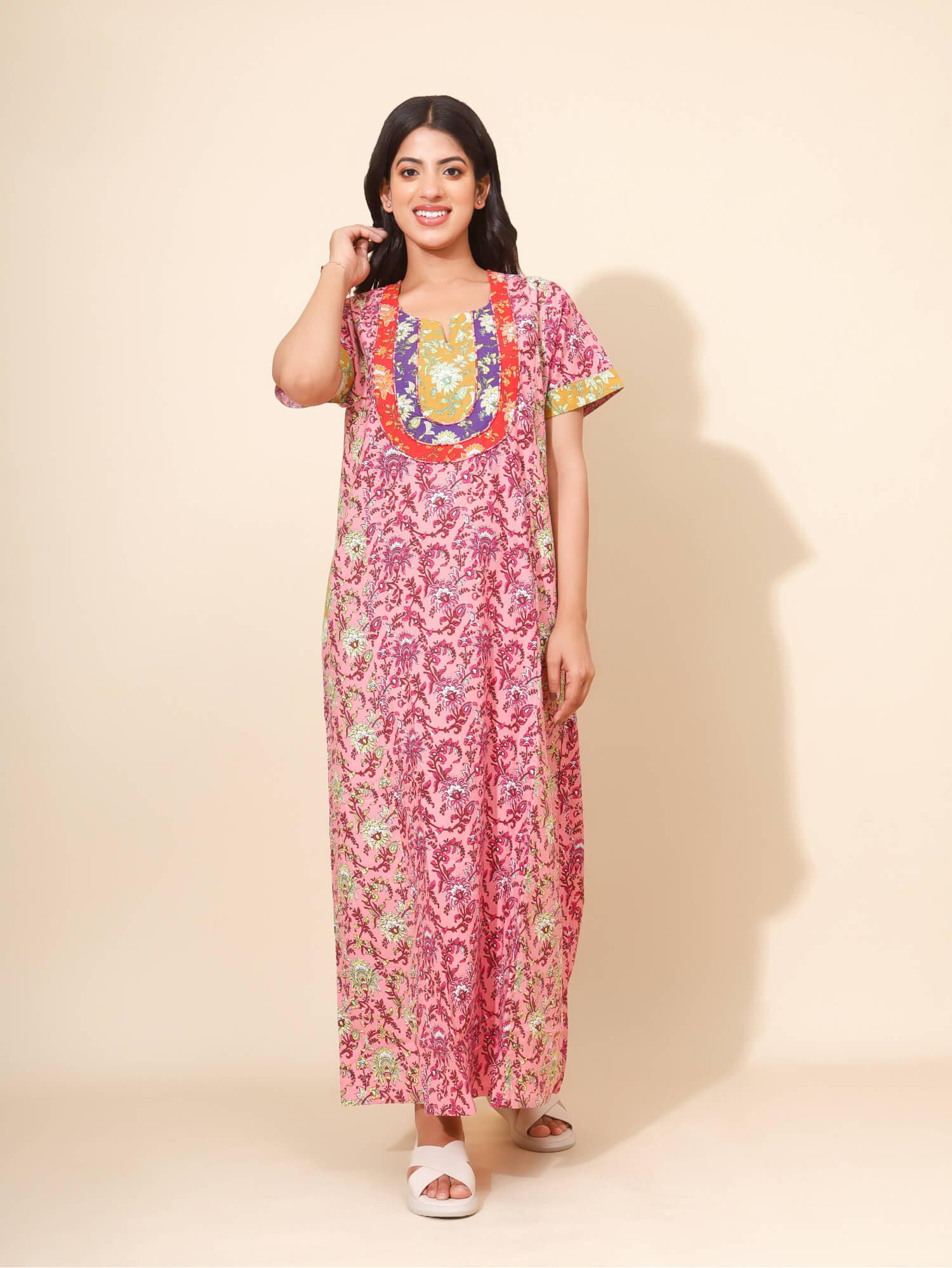 Yellow Bloom Blush Petal Bloom Nighties for Women |Maxi Dress | Pink and Maroon |  Flower Print with Patch Work | Daily Wear | Family Wear | Ankle Length | Stylish Nighty | Pure Cotton