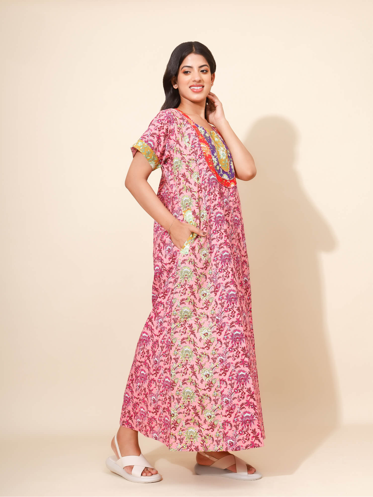 Yellow Bloom Blush Petal Bloom Nighties for Women |Maxi Dress | Pink and Maroon |  Flower Print with Patch Work | Daily Wear | Family Wear | Ankle Length | Stylish Nighty | Pure Cotton