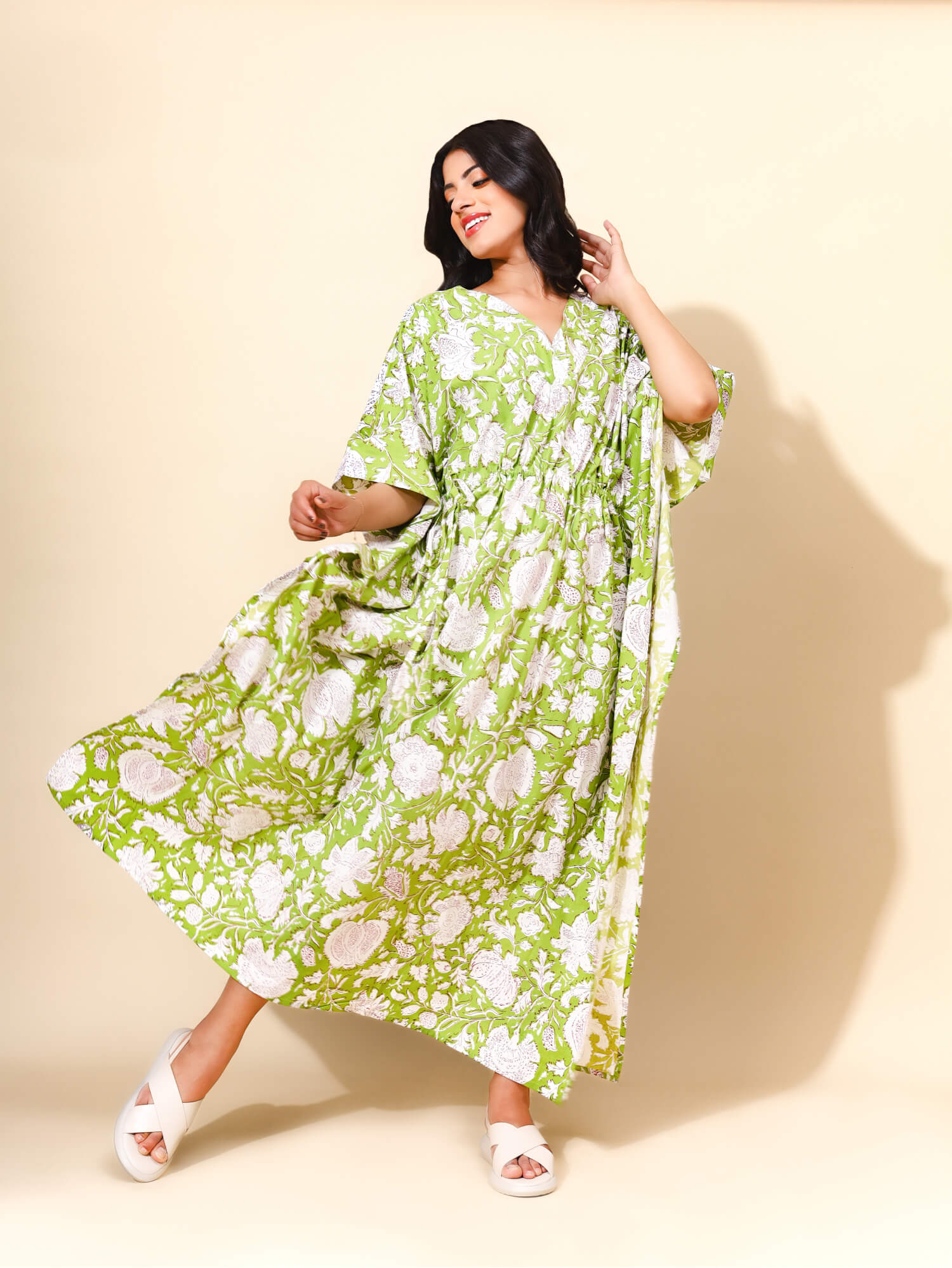 Yellow Bloom Emerald Serenity Kaftan Nighties for Women | Long Dress | Green Beachwear | Travel Wear | Floral Pattern | Ankle Length | Stylish Versatile design | Lounge Nighty | Pure Cotton