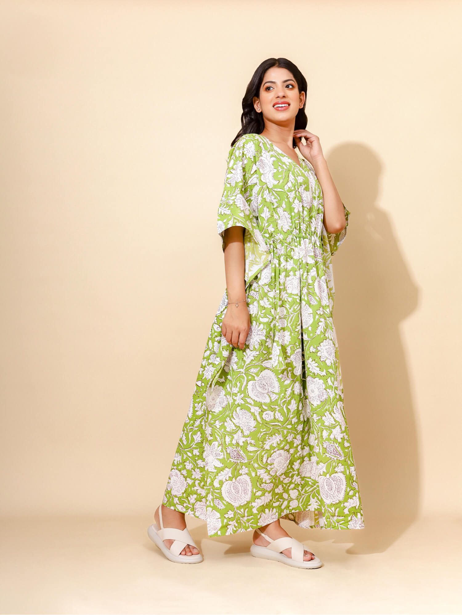 Yellow Bloom Emerald Serenity Kaftan Nighties for Women | Long Dress | Green Beachwear | Travel Wear | Floral Pattern | Ankle Length | Stylish Versatile design | Lounge Nighty | Pure Cotton