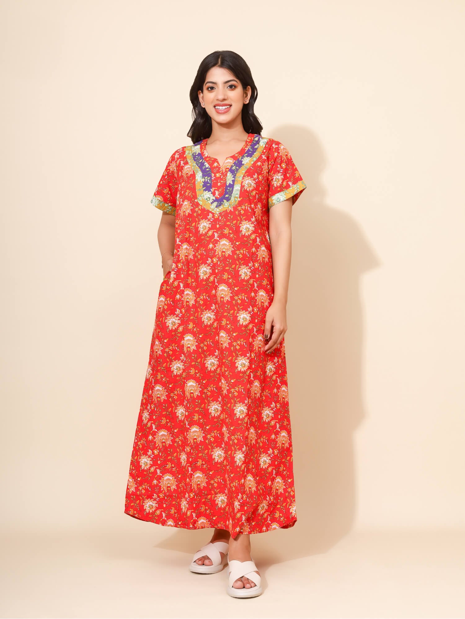 Yellow Bloom Poppy Meadow for Women | Red Maxi Dress | Flower Print with Patchwork | All-day Dress | Versatile Home/Hostel Wear | Ankle Length | Stylish Nighty | Front Placket | Pure Cotton