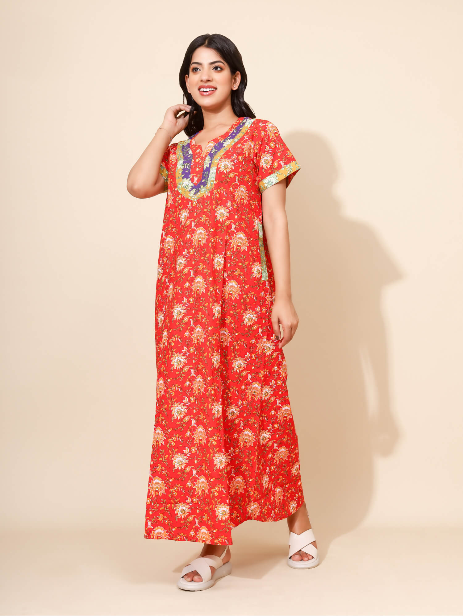 Yellow Bloom Poppy Meadow for Women | Red Maxi Dress | Flower Print with Patchwork | All-day Dress | Versatile Home/Hostel Wear | Ankle Length | Stylish Nighty | Front Placket | Pure Cotton